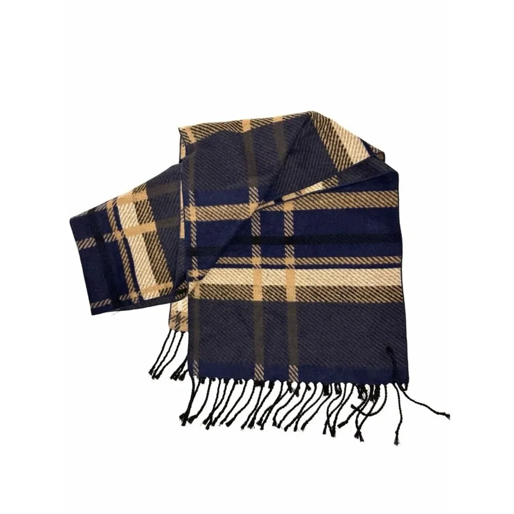Club Room Silk Scarf Brushed Wool Feel Navy Tan Plaid Fringe Soft Warm 67x12